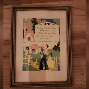 Framed "Home" Buzza Motto cartoon print, antique vintage, 1930s, collectible